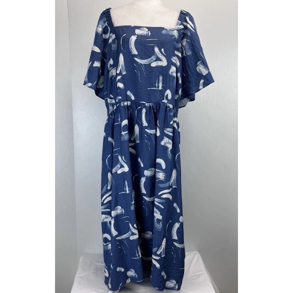 A New Day Midi Dress Women 2XL Blue NWT Flutter Sleeve Tie Back Swirl Sundress